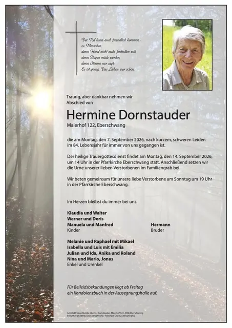 Hermine Dornstauder, Eberschwang, verstorben am 7. September, im 84. Lebensjahr.