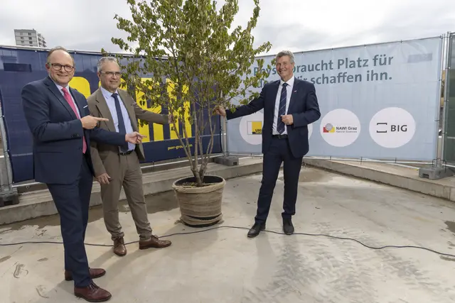 Zur Feier des Anlasses schenkte die Bundesimmobiliengesellschaft BIG den Rektoren der Uni Graz sowie der TU Graz ein Bäumchen, das später auf der Terrasse gepflanzt werden soll. | Foto: NAWI Graz/Lunghammer