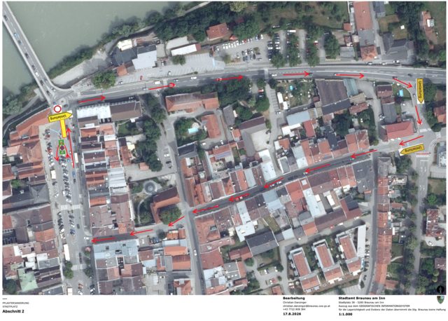 Die Zufahrt vom Kreisverkehr auf den Unteren Stadtplatz ist gesperrt – die Umleitung erfolgt über die L502 Simbacher Landesstraße und die Linzer Straße. | Foto: Stadtamt Braunau
