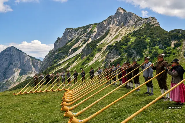 Zur Älplerletze sammeln sich rund 50 Alphornbläser am Füssener Jöchle und füllen das Tannheimer Tal mit ihrem einmaligen Klang. | Foto: TVB Tannheimer Tal/Anna Meurer, Bergbahnen Tannheimer Tal / KI-bearbeitet