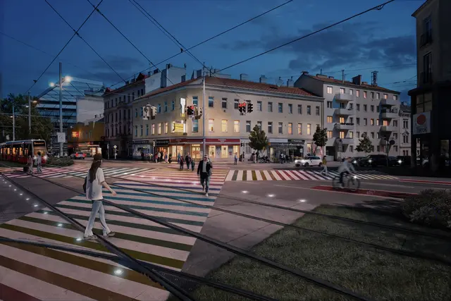 So stellen sich die Neos die Kreuzung Simmeringer Hauptstraße/Grillgasse nach der Umgestaltung vor. (Visualisierung) | Foto: Neos