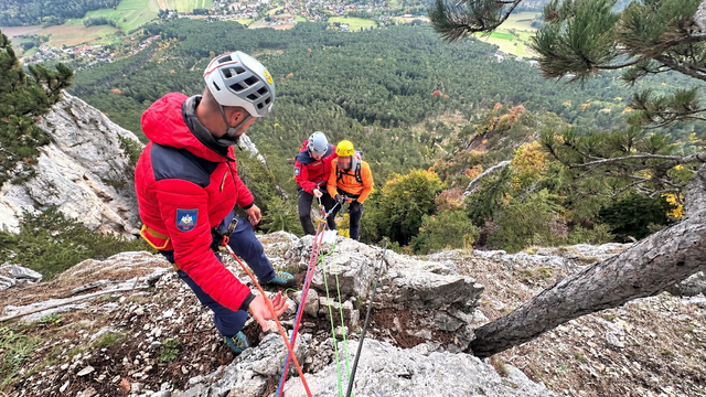 Alpinpolizei und Bergrettung helfen in einer Notlage in einem Klettersteig im Einzugsgebiet. | Foto: AEG NÖ Süd
