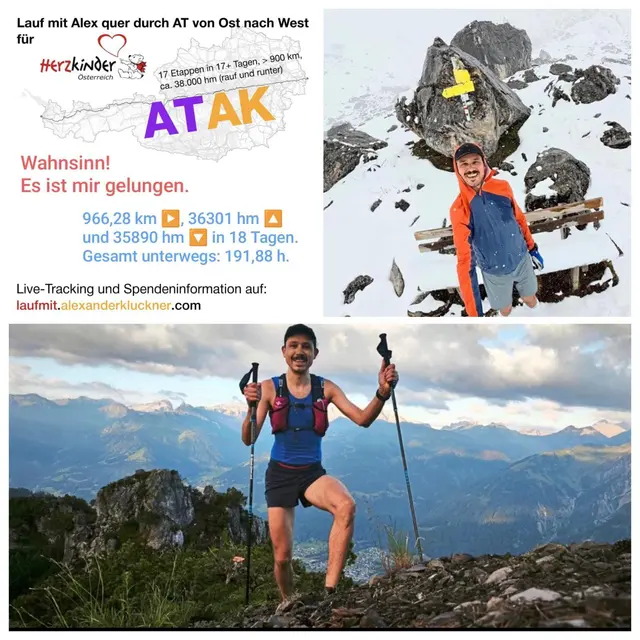 966,28 Kilometer quer durch Österreich: Alexander Kluckner beim Zieleinlauf in Bangs.
Von Deutsch Jahrndorf bis Bangs: In 18 Tagen durchquerte Alexander Kluckner Österreich laufend von Ost nach West. | Foto: Kluckner