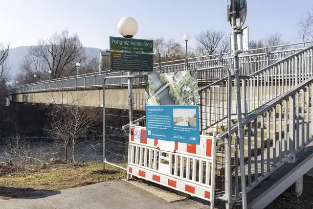 Mittlerweile ein vertrautes Bild für die Grazer: Der Pongratz-Moore-Steg ist seit 2023 gesperrt. | Foto: Stadt Graz/Fischer