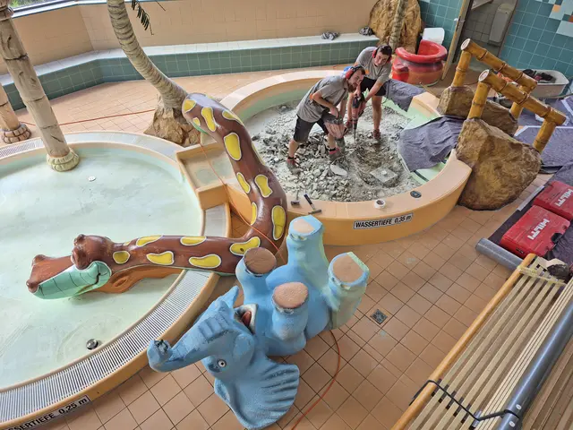 Benjamin Prkna und Marcel Rochla (Lagerhaus Zwettl) beim Umbau im Kinderbecken. | Foto: Stadtgemeinde Zwettl