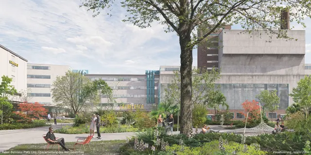 Eine Visualisierung des Berliner Büros relais zeigt die 
„Tabakwildnis“ am Peter -Behrens -Platz mit exotischen Pflanzen, schwebenden 
Hängematten und zahlreichen Sitzgelegenheiten.  | Foto: Tabakfabrik Linz / relais / filon