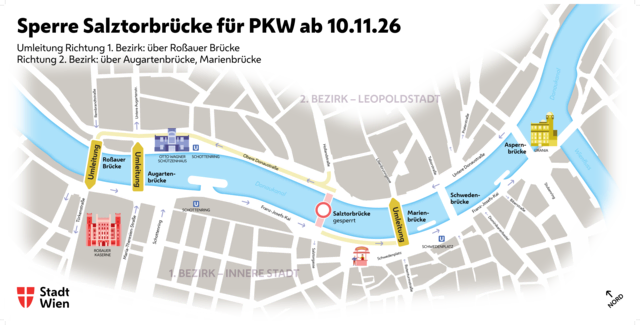 Die umliegenden Brücken sollen den Verkehr auffangen. Laut Stadt soll die Umleitung nur wenige Minuten in Anspruch nehmen.   | Foto: Stadt Wien