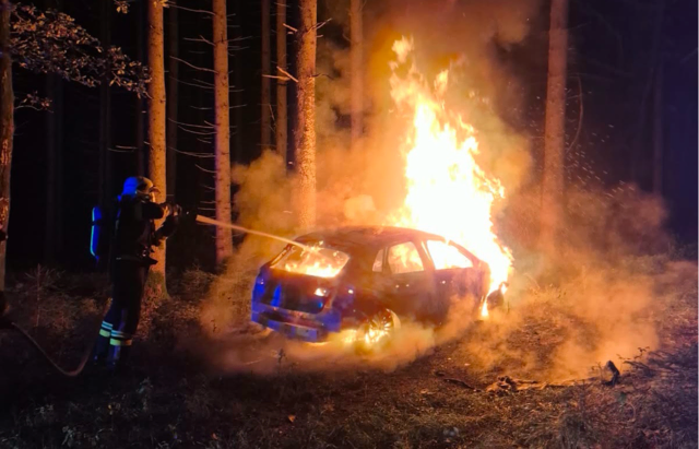 Ein brennender Pkw sorgte am Montagfrüh für einen heiklen Einsatz im Waldgebiet – die Feuerwehr verhinderte eine weitere Ausbreitung. | Foto: DOKU-NÖ