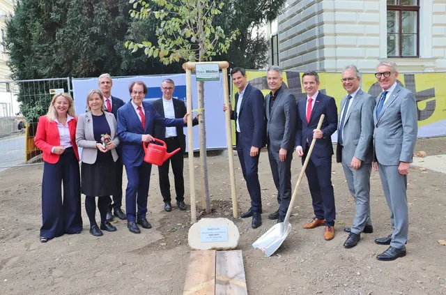 Hans Roth mit dem Saubermacher-Vorstand, Dietmar Grünwald, Judith Schwentner, Hannes Amesbauer, Kurt Hohensinner, Peter Riedler und Josef Herk vor der ihm gewidmeten Ulme. | Foto: Edith Ertl