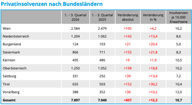 Die Zahl der Privatinsolvenzen je nach Bundesland. Wien führt nicht nur in absoluten Zahlen, sondern auch im Schnitt je 10.000 Erwachsenen die Liste an. | Foto: Screenshot Creditreform