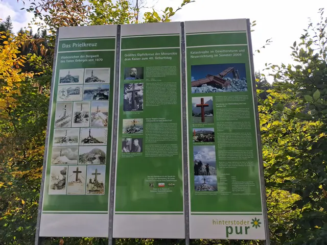 ...Info über das 8m hohe, 2240 kg schwere Prielkreuz, dass 2008 am Berg zerstört und durch ein Neues ersetzt wurde. Das alte Kreuz wurde repariert.
