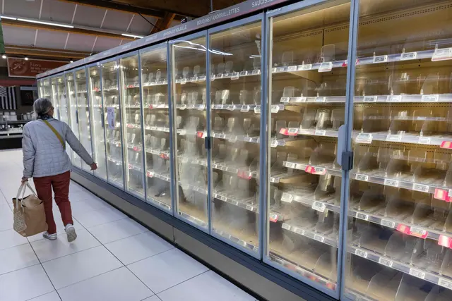Eine Frau geht am 12. Oktober in einem Intermarché-Supermarkt in Névez im Westen Frankreichs an leeren Kühlregalen für Frischwaren vorbei. Ist das auch in Österreich möglich? | Foto: APA-Images / AFP / FRED TANNEAU
