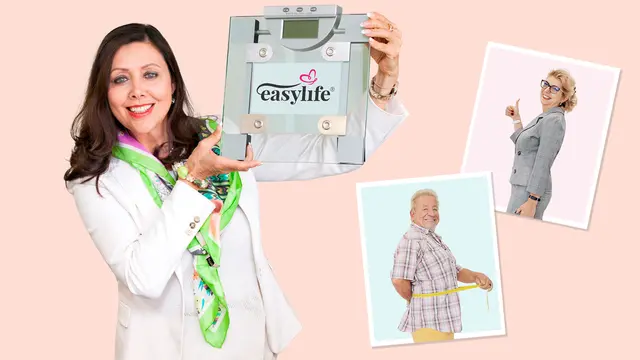 eronika Perchtold hält eine transparente easylife Waage; rechts sind die Nachher-Fotos einer Frau und eines Mannes zu sehen.
