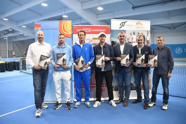 BVT-Vizepräsident Bernd Solga, Stützpunkt-Headcoach Ricardo Bellotti, Wolfgang Thiem, Leiter der „Thiem Academy Burgenland“, Markenbotschafter Dominic Thiem, Sportlandesrat Heinrich Dorner, BTV-Präsident Günter Kurz und BTV-Vizepräsident Peter Dopler präsentierten in der Tennishalle Eisenstadt das neue Tennis-Nachwuchs- und Leistungskonzept. | Foto: Stefan Schneider/MeinBezirk