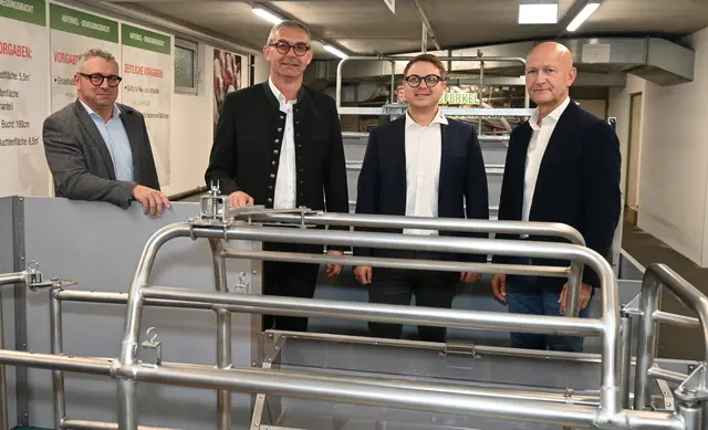 "Die wirtschaftliche Situation in der Schweineproduktion ist derzeit in Frage gestellt", betonen (v.r.) Johann Stinglmayr, Leiter
Beratungsstelle Schweinehaltung, Johannes Gangl, Geschäftsführer VLV, LK OÖ-Präsident Franz Waldenberger und der Leiter der Abteilung Tierhaltung in der LK OÖ, Michael Wöckinge. | Foto: LK OÖ