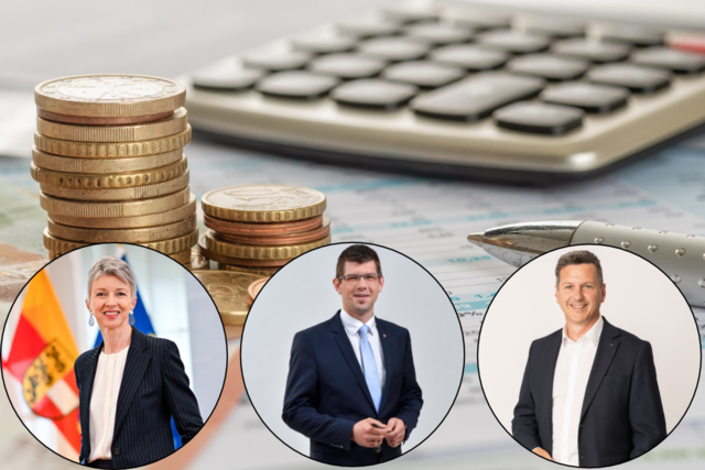 Gaby Schaunig, Martin Gruber und Daniel Fellner stellten den Budgetentwurf zum Landesvoranschlag 2027 vor. | Foto: Collage Canva/Stock.adobe.com/at/Zerbor/Land Kärnten/GernotGleiss