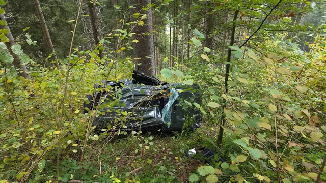 40 Meter in die Tiefe: Ein Pkw stürzte auf einer Forststraße einen steilen Waldhang hinunter. Der verletzte Lenker wurde mit dem Notarzthubschrauber ins Krankenhaus gebracht. | Foto: DOKU-NÖ