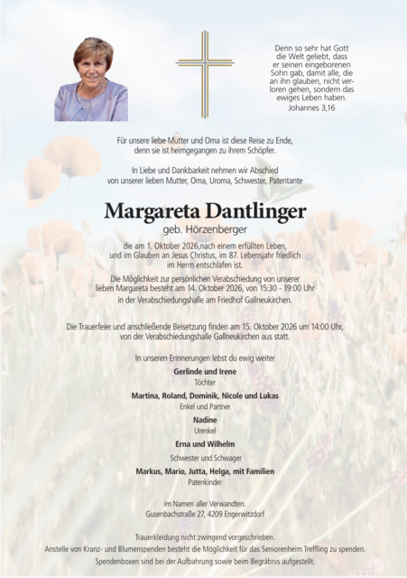 Margareta Dantlinger aus Engerwitzdorf, ✝︎ 86 Jahre | Foto: Bestattung Holzinger