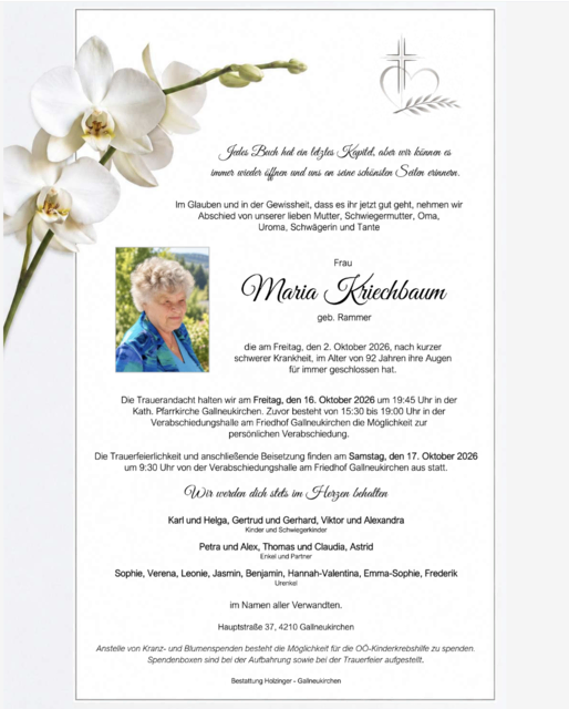Maria Kriechbaum aus Gallneukirchen, ✝︎ 92 Jahre | Foto: Bestattung Holzinger