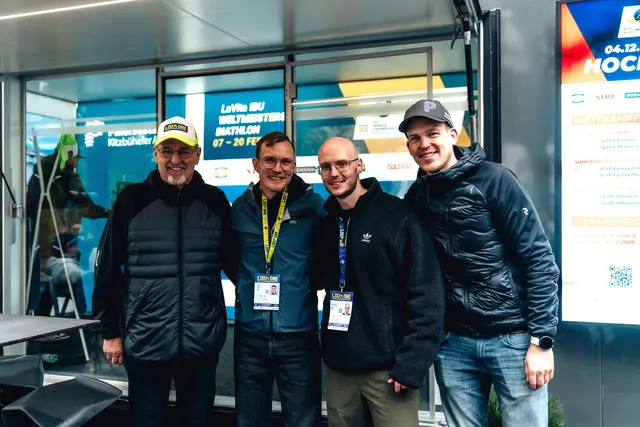 "Mister Biathlon" Franz Berger, Weltmeister Benedikt Doll, Podcaster Ron Schieffer, TVB Pillerseetal-GF Christof Willms. | Foto: Ski Austria