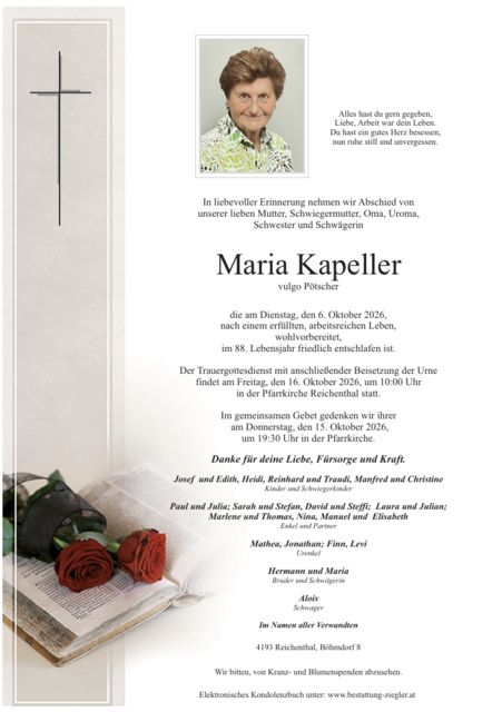 Maria Kapeller aus Reichenthal, ✝︎ 87 Jahre
 | Foto: Bestattung Ziegler
