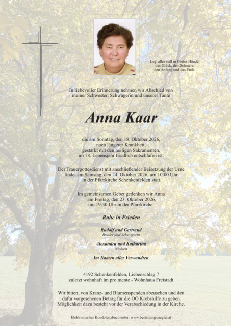 Anna Kaar aus Schenkenfelden, ✝︎ 77 Jahre | Foto: Bestattung Ziegler