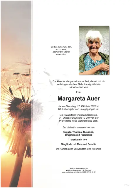 Margareta Auer aus Walding, ✝︎ 87 Jahre
 | Foto: Bestattung Smrekar