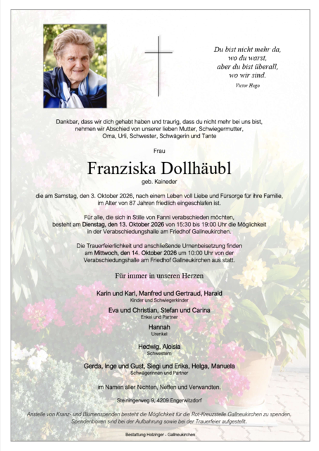 Franziska Dollhäubl aus Engerwitzdorf, ✝︎ 87 Jahre | Foto: Bestattung Holzinger