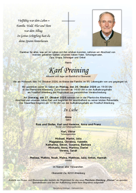 Karl Preining aus Altenberg, ✝︎ 94 Jahre
 | Foto: Bestattung Holzinger