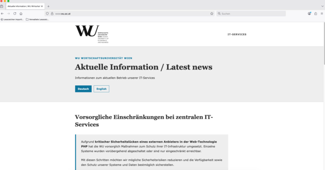 Ausfall bei der WU Wien. | Foto: Screenshot wu.ac.at