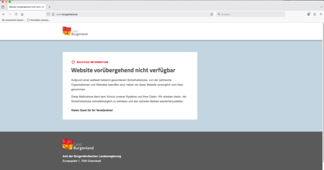Ausfall beim Land Burgenland. | Foto: Screenshot burgenland.at