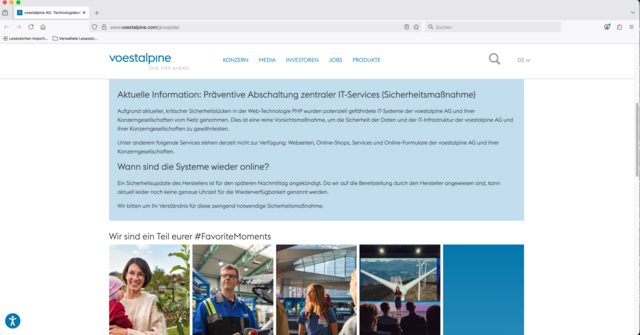 Nichts geht mehr – betroffen sind große Firmen wie die Voestalpine aber auch staatliche bzw. staatsnahe Institutionen.  | Foto: Screenshot voestalpine.com