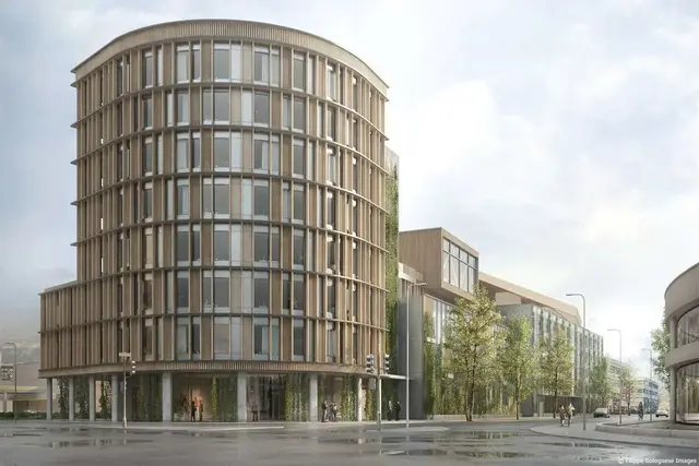 Der Turm: Untergeschoss und drei oberirdische Geschosse (hybride Holzbauweise); Gebäudehöhe rund 30 Meter; Nutzfläche rd. 3.100 m².