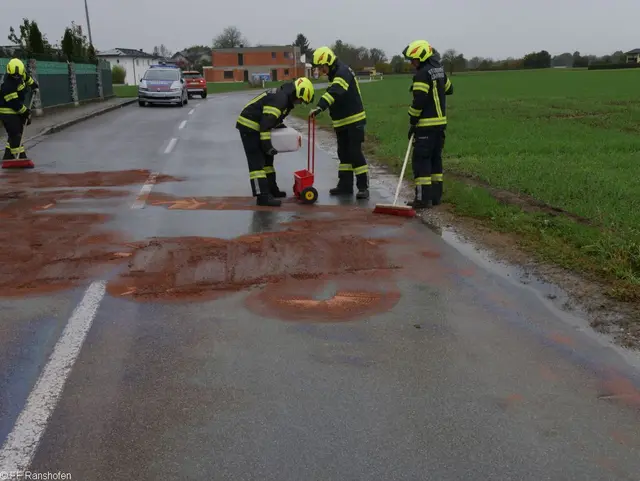 20 Kameraden der Freiwilligen Feuerwehr Ranshofen befreiten die Straße vom Öl. | Foto: FF Ranshofen