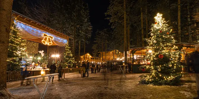 An fünf Wochenenden – von 21. November bis 21. Dezember 2025 – können die Besucher der Waldweihnacht am Kopfinger Baumkronenweg an den festlich beleuchteten Hütten von über 60 verschiedenen Ausstellern traditionelles Kunsthandwerk erleben und jede Menge Köstlichkeiten genießen. | Foto: Baumkronenweg