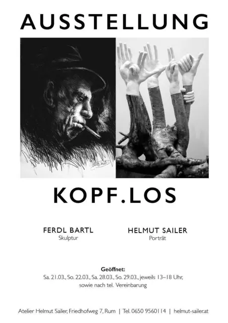 Helmut Sailer (l.) und Ferdl Bartl präsentieren ihre Werke bei der Ausstellung „KOPF.LOS“ im Atelier Helmut Sailer in Rum. Gezeigt werden Porträts, Zeichnungen und Skulpturen. | Foto: Sailer