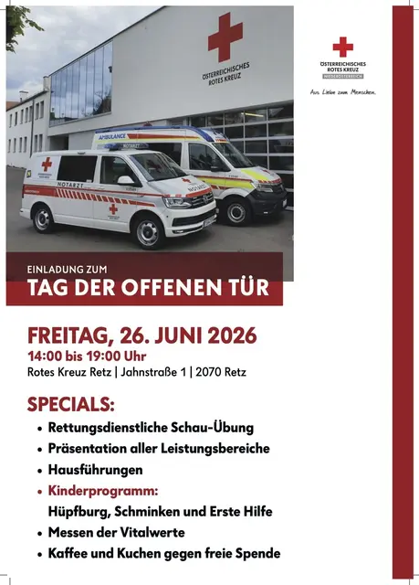 Am 26. Juni findet von 14 bis 19 Uhr der 2. Tag der offenen Tür des Roten Kreuzes Retz statt. | Foto: Rotes Kreuz Retz