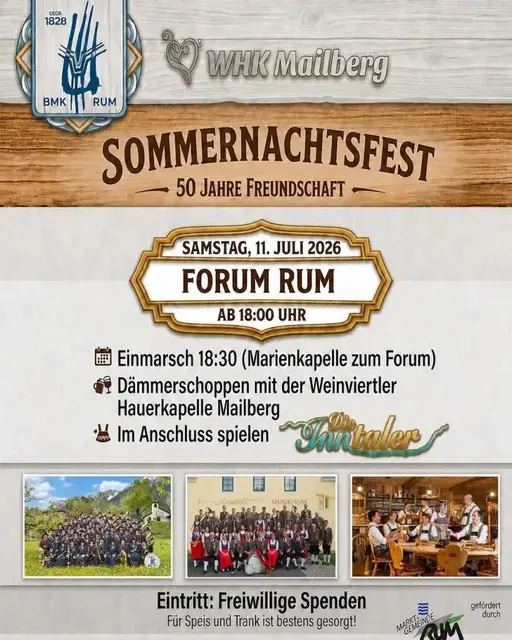 Die BMK Rum lädt am 11. Juli zum Sommernachtsfest am Forum. | Foto: Gemeinde Rum