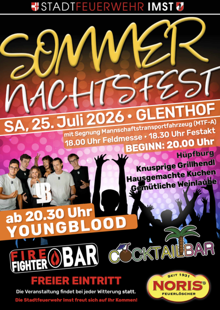 Die Stadtfeuerwehr Imst veranstaltet am Samstag, 25. Juli 2026, wieder ihr traditionelles Sommernachtsfest im Glenthof.  | Foto: Stadtfeuerwehr Imst 