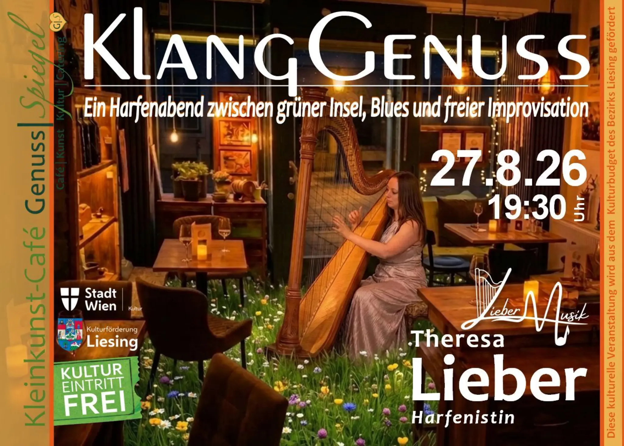 GenussSpiegel präsentiert:  KlangGenuss – Ein Harfenabend zwischen grüner Insel, Blues und freier Improvisation–mit Theresa LIEBER - Eintritt Frei