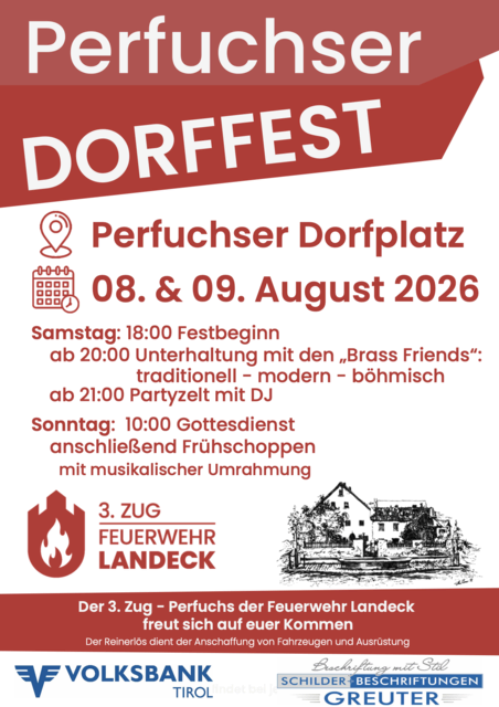 Am 8. und 9. August findet das Perfuchser Dorffest am Dorfplatz statt.  | Foto: Feuerwehr Landeck 