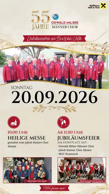 Der Oswald Milser Männer Chor feiert sein Jubiläum am 20. September mit einem musikalischen Festtag in Mils.  | Foto: Oswald Milser Männer Chor