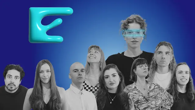 Schwarz-weiße Portraitfotos junger Menschen auf blauem Hintergrund.