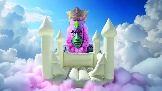 Eine weiße Luftburg schwebt in rosa Wolken. Dahinter sieht man eine Illustration von einem König. Der König trägt eine rosa Mähne und eine Krone auf seinem Haupt. Sein Gesicht ist grün, und zwischen seinen Augen leuchtet ein Edelstein.