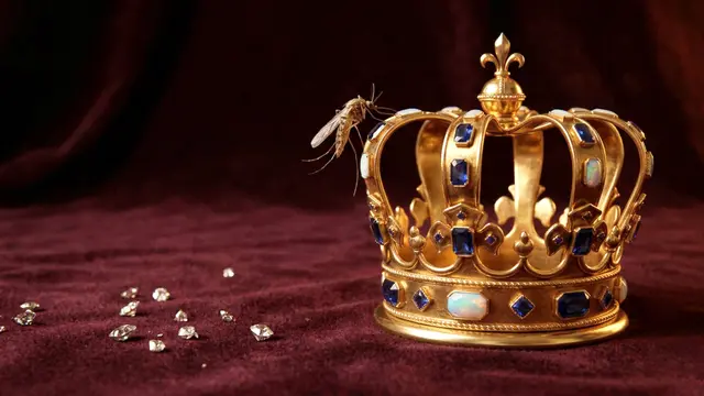 Eine goldene Krone mit blauen und weißen Edelsteinen liegt auf einem weinroten Samtstoff. Auf der linken Seite der Krone sitzt eine Mücke. Daneben sind mehrere lose Diamanten auf dem Stoff verteilt.