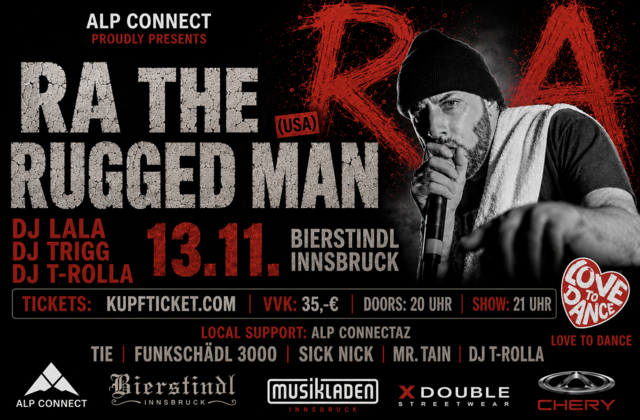 Mit RA The Rugged Man wartet auf Innsbruck ein Abend voller Underground-Hip-Hop, kompromissloser Reime und energiegeladener Live-Performance. | Foto: ALP Connectaz 