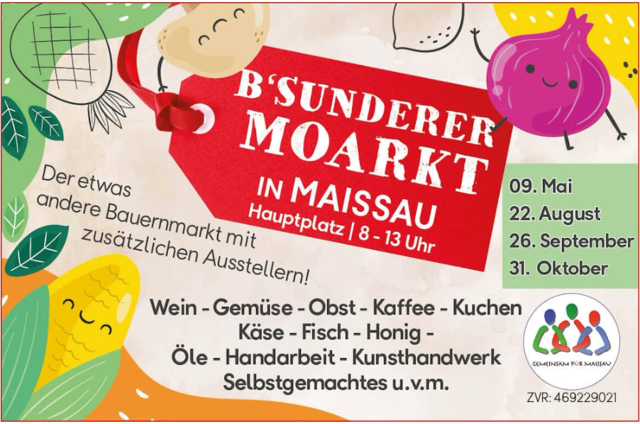 Von 8:00 bis 13:00 Uhr erwartet die Besucherinnen und Besucher ein etwas anderer Bauernmarkt mit regionalen Produkten. | Foto: Gemeinsam für Maissau