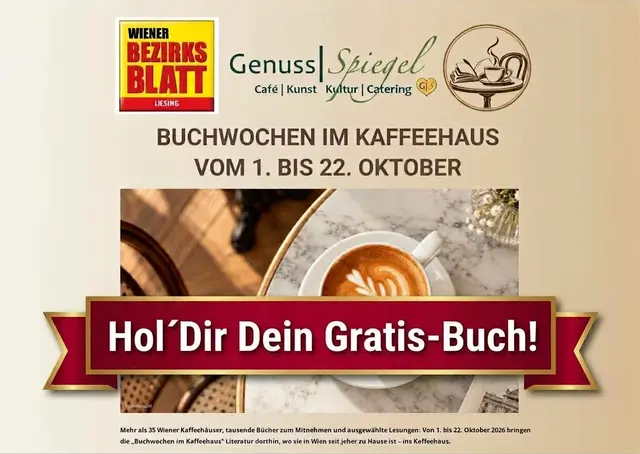 Buchwochen im Kaffeehaus - vom 1. bis 22. Oktober 2026 - natürlich auch im GenussSpiegel | Foto: Wiener Bezirksblatt | GenussSpiegel