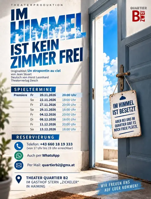 „Im Himmel ist kein Zimmer frei“ feiert im November Premiere und sorgt im Theater Quartier B2 in Haiming für humorvolle Unterhaltung. | Foto: Quartier B2