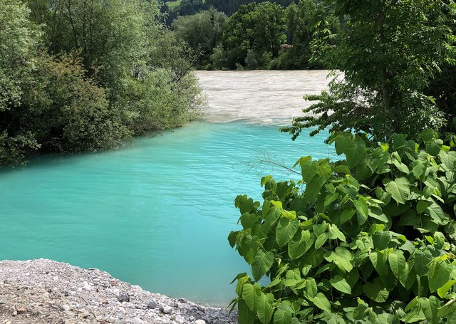 Ein wohl einzigartiges Farbenspiel liefert die Mutter Natur, wenn türkisblaues Wasser der Schneeschmelze auf das braune Wasser des Hochwasser führenden Inn trifft. 
In Pill zeigt sich beim Rückstau das Kräfteverhältnis!
 | Foto: Julius Skamen